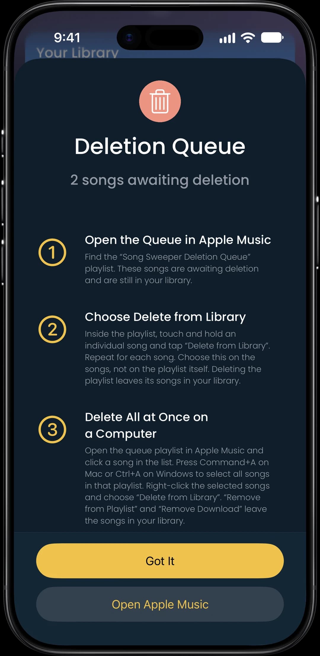 Deletion Queue with the steps to finish deleting in Apple Music