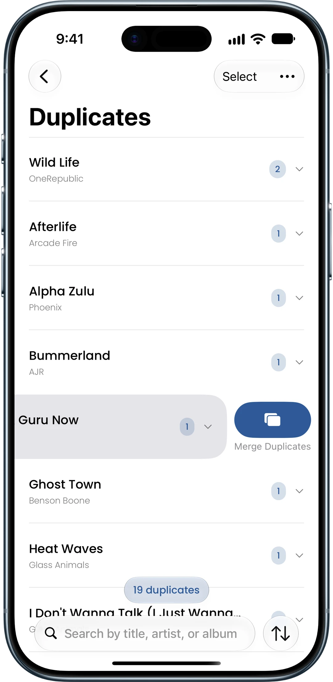 Duplicates view showing grouped duplicate songs