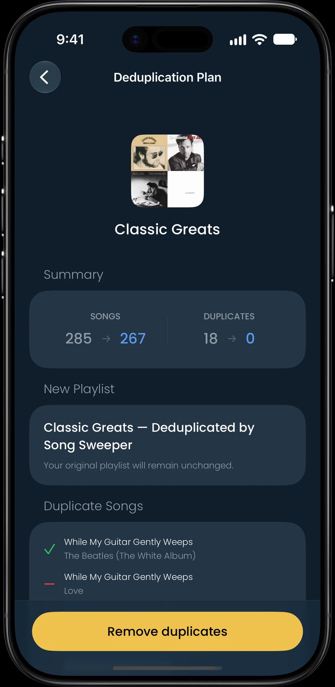 Duplicates in playlists feature screenshot