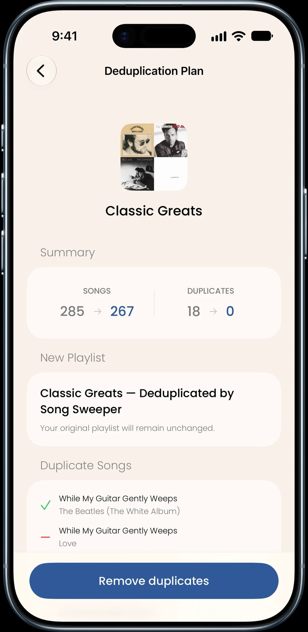 Duplicates in playlists feature screenshot